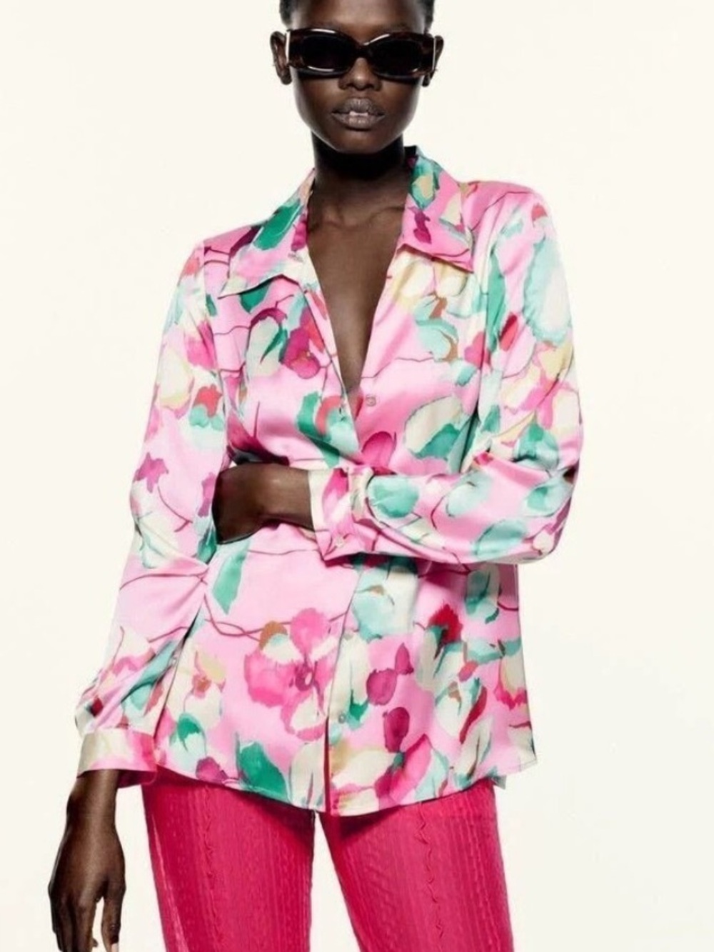 Zara Pink Floral Button Up Blouse 
Oversized Satin Effect Silky Colorful Blouse